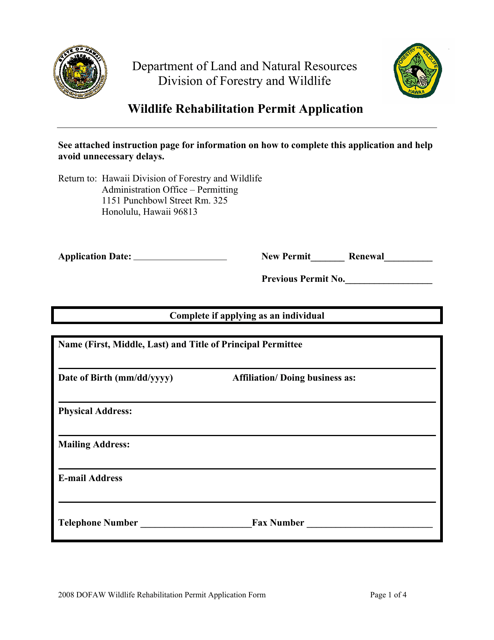Wildlife Rehabilitation Permit Application - Hawaii Download Pdf