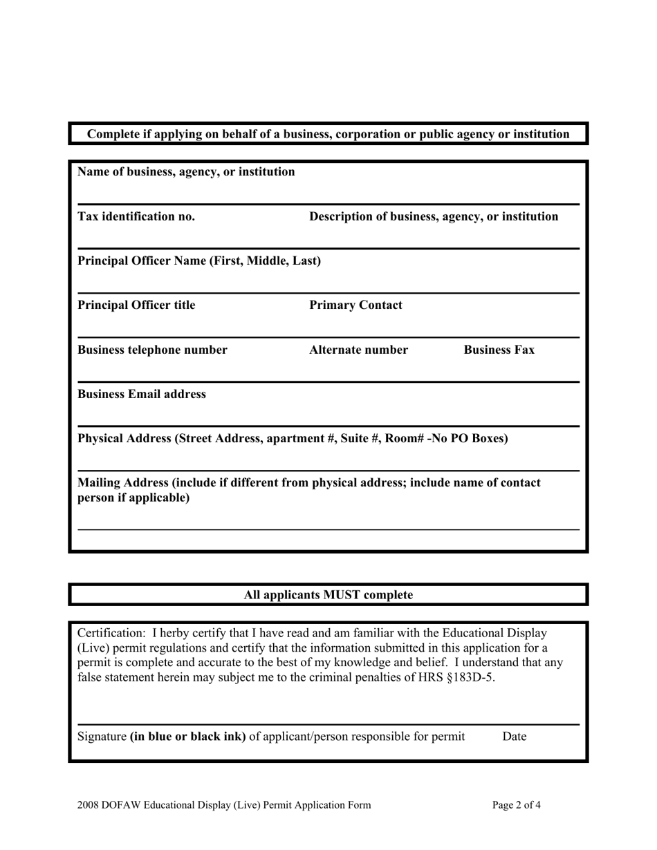 Educational Display (Live) Permit Application - Hawaii, Page 2