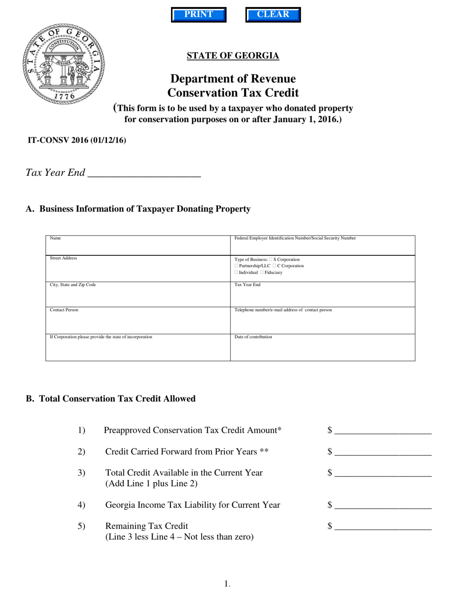 Form IT-CONSV Conservation Tax Credit - Georgia (United States), Page 1
