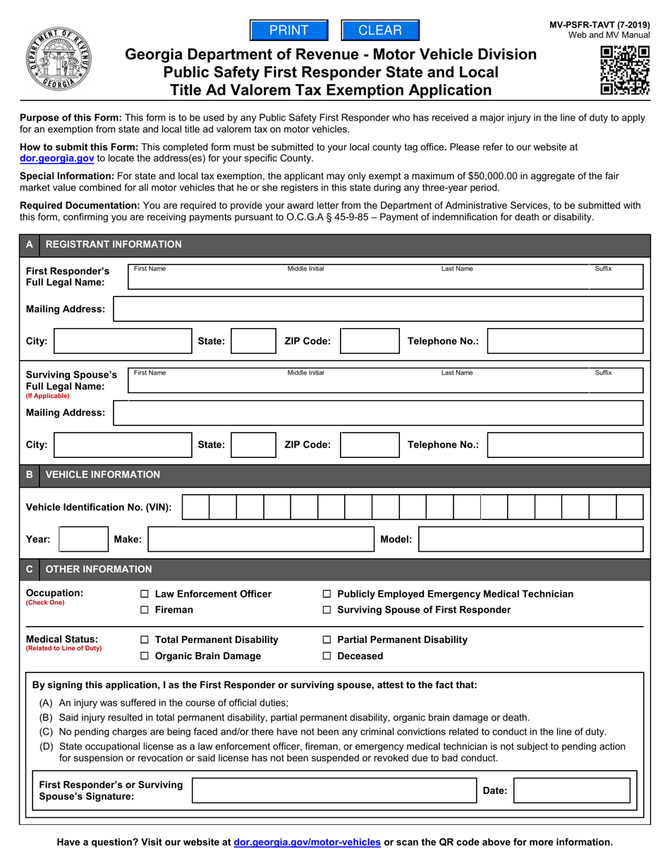 Form MV-PSFR-TAVT Public Safety First Responder State and Local Title Ad Valorem Tax Exemption Application - Georgia (United States), Page 1