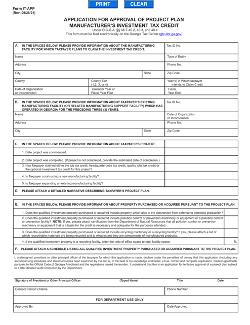 Form IT-APP Application for Approval of Project Plan Manufacturer's Investment Tax Credit - Georgia (United States)