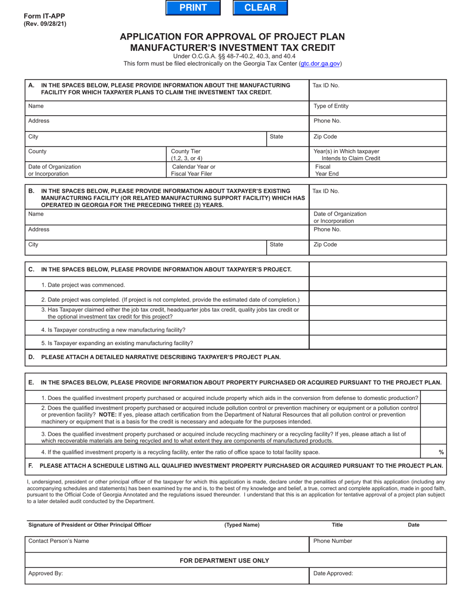 Form IT-APP Application for Approval of Project Plan Manufacturers Investment Tax Credit - Georgia (United States), Page 1