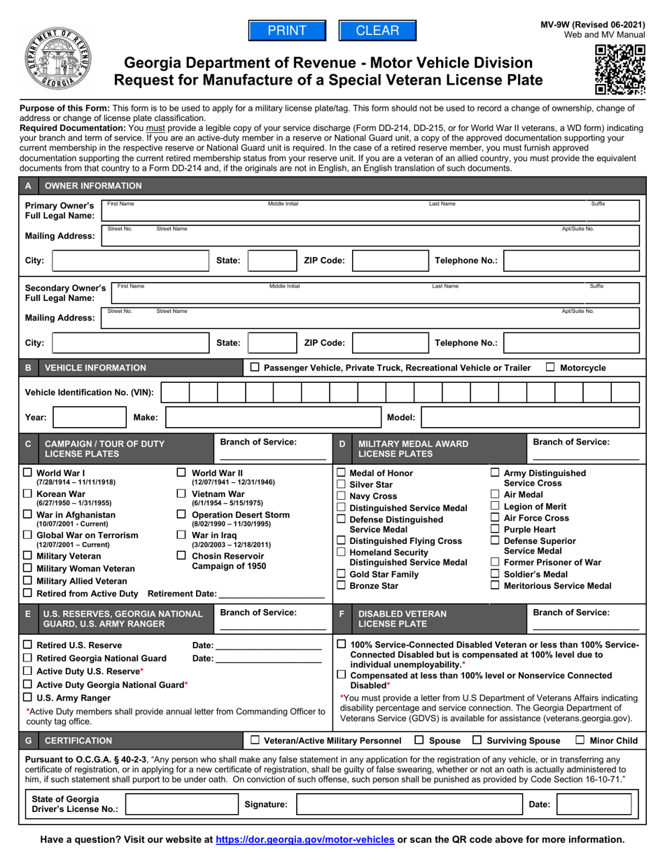 Form MV-9W Request for Manufacture of a Special Veteran License Plate - Georgia (United States), Page 1