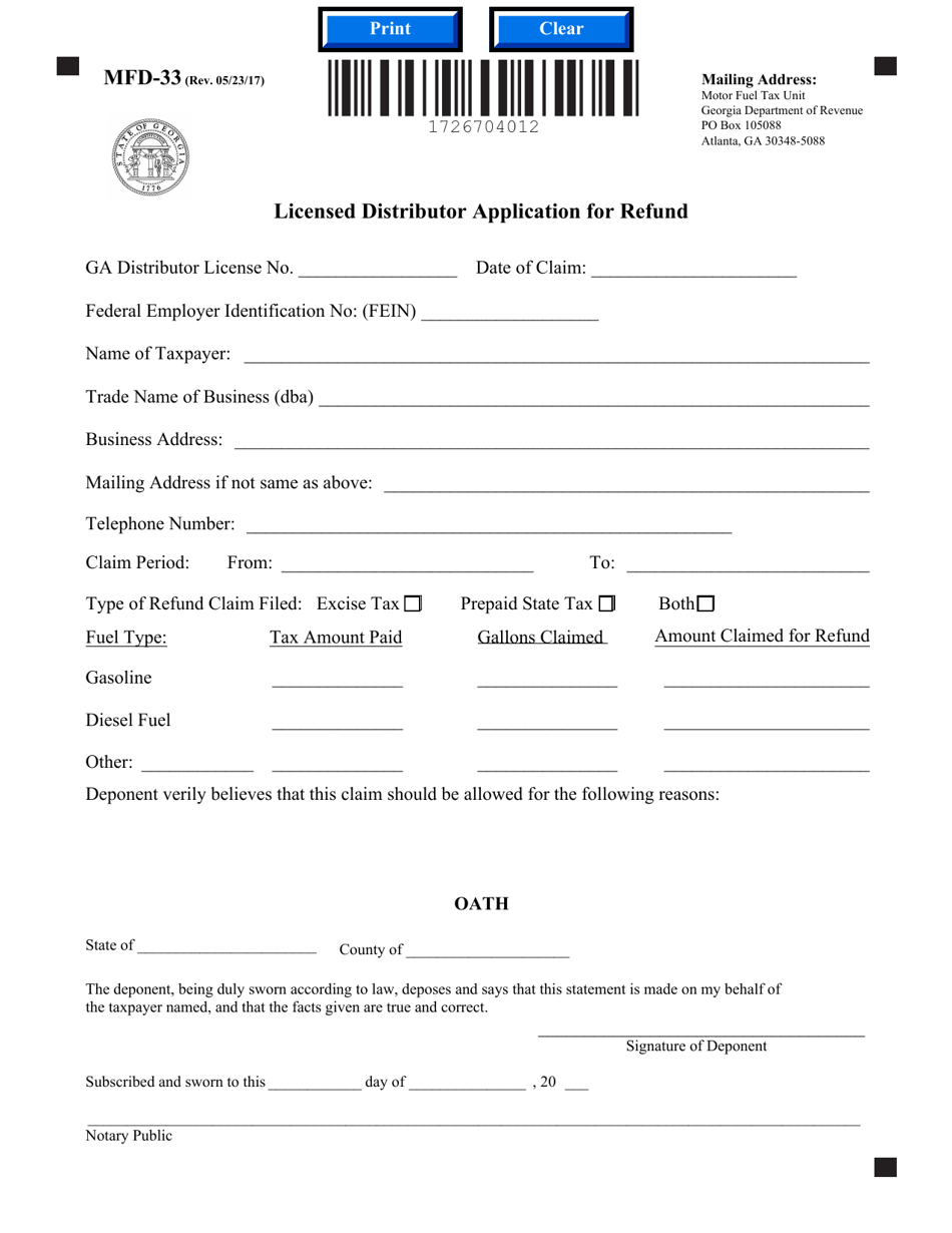 Form MFD-33 Licensed Distributor Application for Refund - Georgia (United States), Page 1