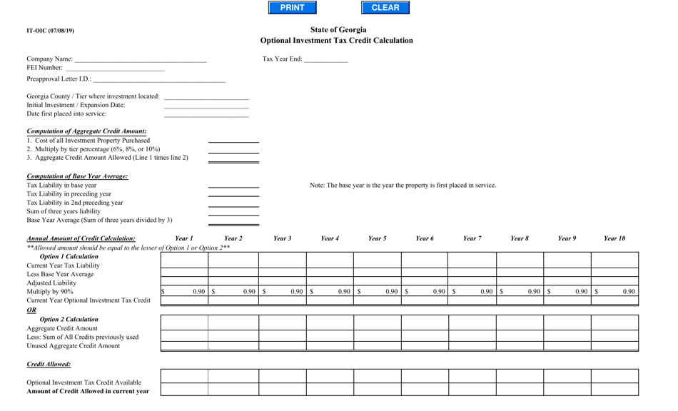 Form IT-OIC Optional Investment Tax Credit Calculation - Georgia (United States), Page 1