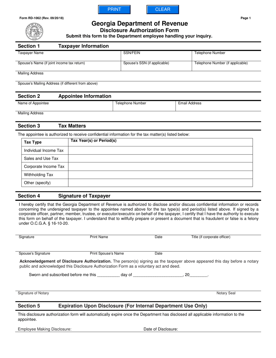 Form RD-1062 Disclosure Authorization Form - Georgia (United States), Page 1
