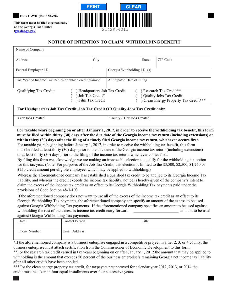 Form IT-WH - Fill Out, Sign Online and Download Fillable PDF, Georgia ...