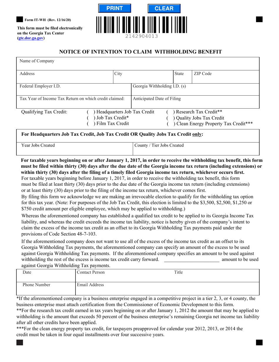 Form IT-WH Notice of Intention to Claim Withholding Benefit - Georgia (United States), Page 1