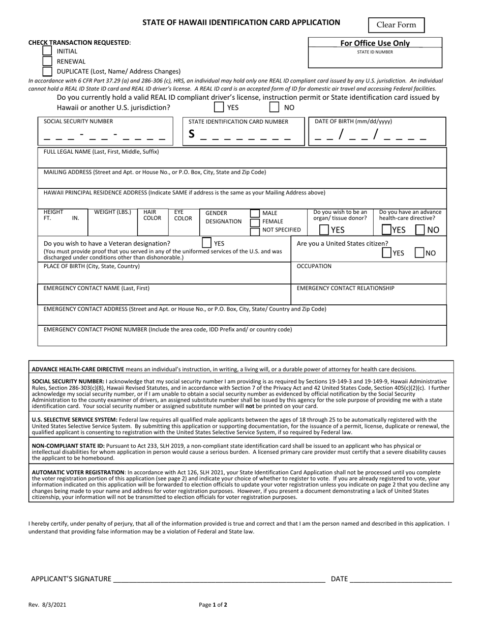State of Hawaii Identification Card Application - Hawaii, Page 1