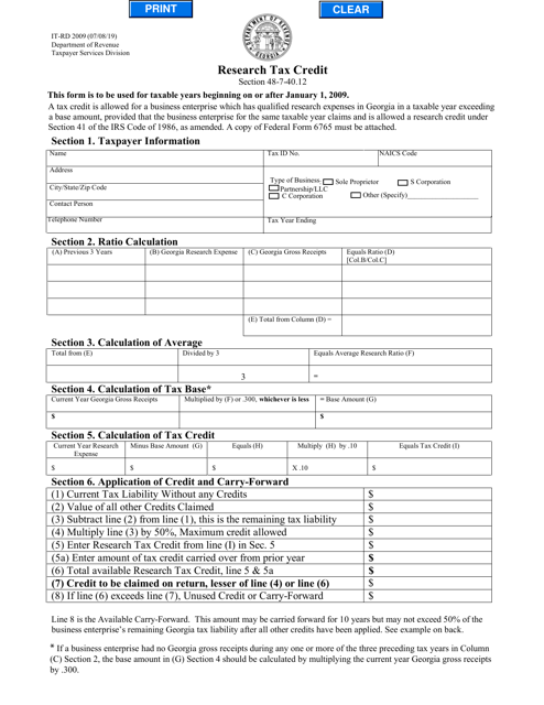 Form IT-RD Research Tax Credit - Georgia (United States)