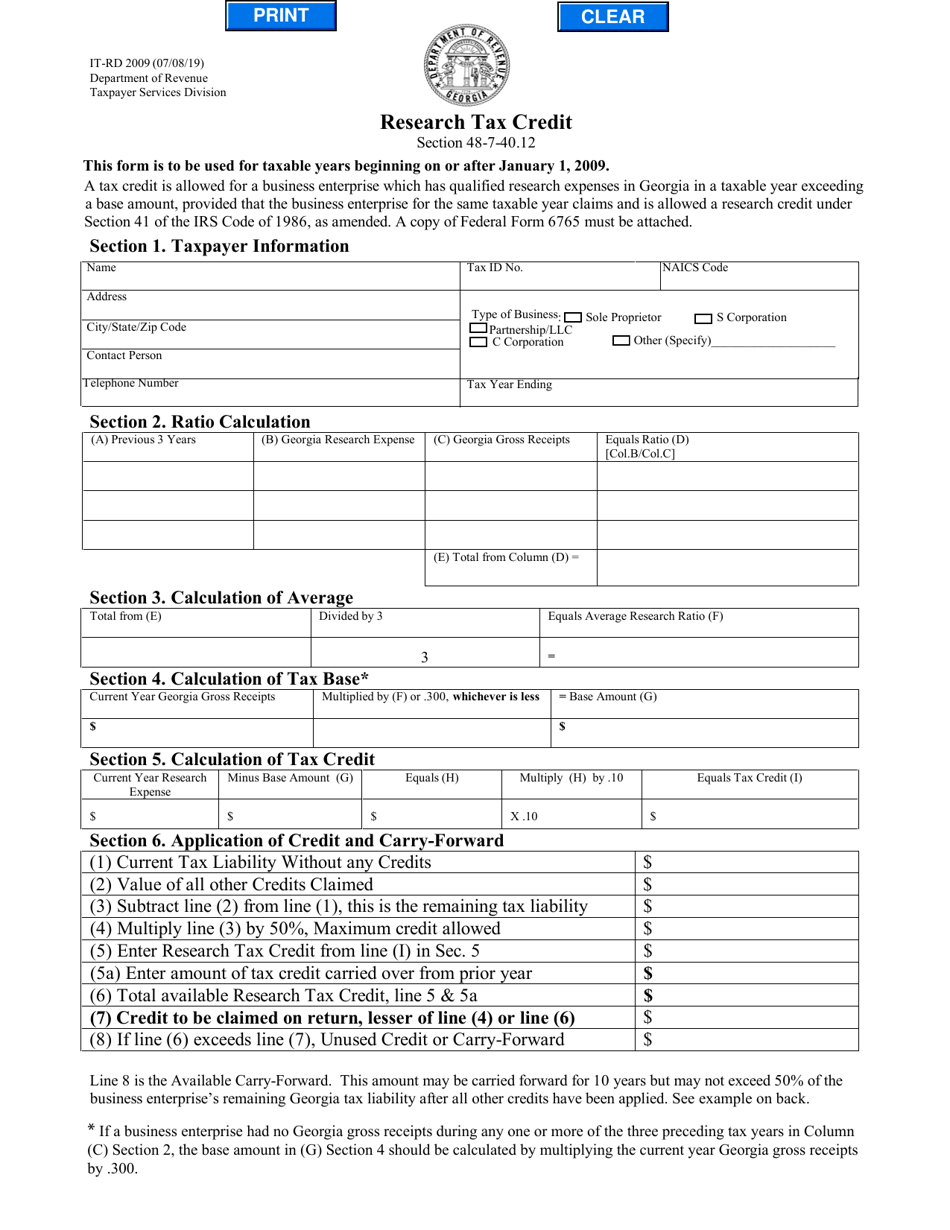 Form IT-RD Research Tax Credit - Georgia (United States), Page 1