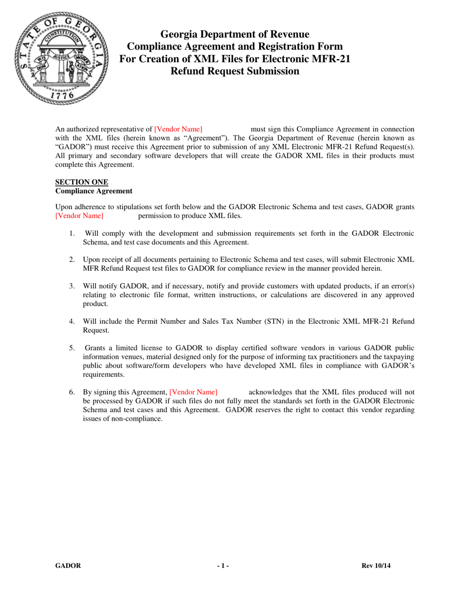 Compliance Agreement and Registration Form for Creation of Xml Files for Electronic Mfr-21 Refund Request Submission - Georgia (United States), Page 1
