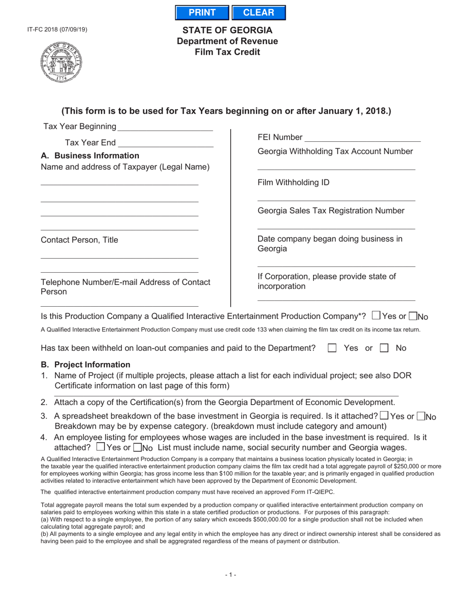 Form IT-FC Film Tax Credit - Georgia (United States), Page 1