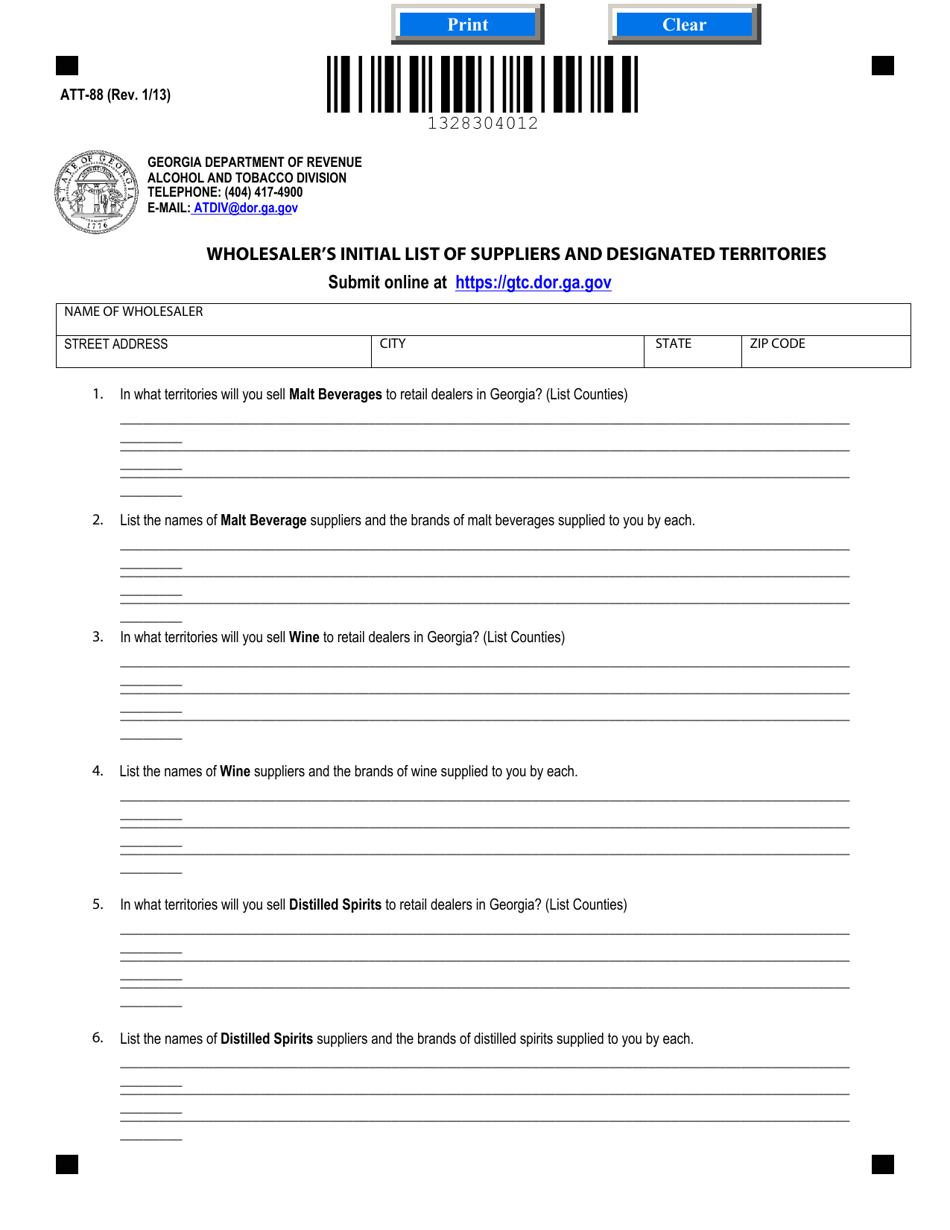 Form ATT-88 Wholesalers Initial List of Suppliers and Designated Territories - Georgia (United States), Page 1