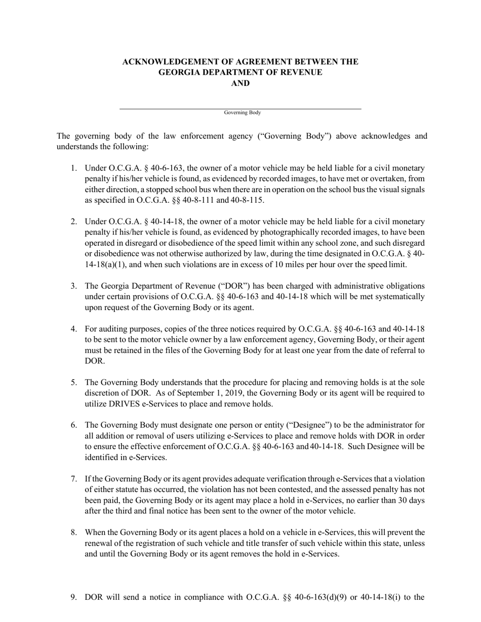 Form HB978 Governing Body Agreement - School Bus and School Zone Violations - Georgia (United States), Page 1