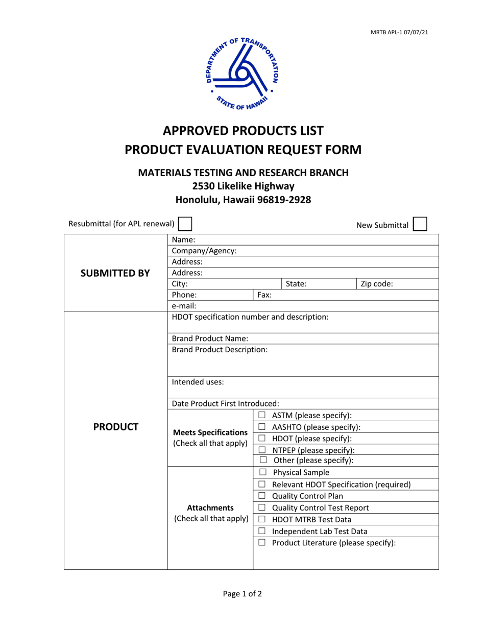 Form MRTB APL-1 Product Evaluation Request Form - Hawaii, Page 1