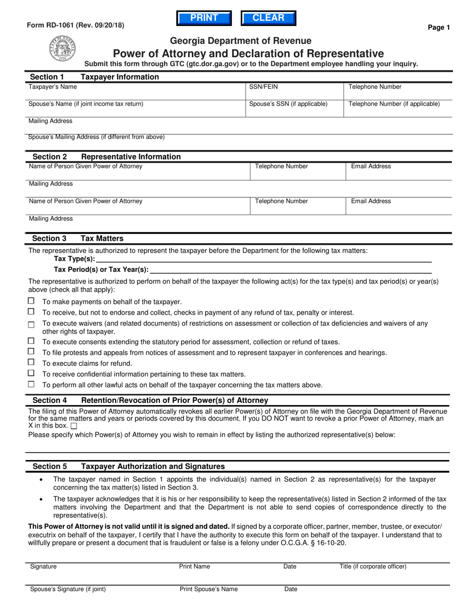 Form RD-1061 Power of Attorney and Declaration of Representative - Georgia (United States), Page 1