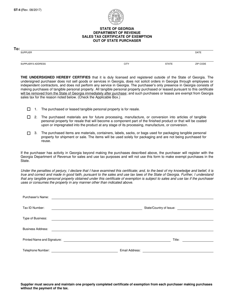 Form ST-4 Sales Tax Certificate of Exemption for out of State Purchaser - Georgia (United States), Page 1