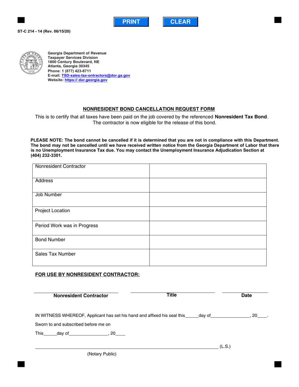 Form ST-C-214-14 Nonresident Bond Cancellation Request Form - Georgia (United States), Page 1
