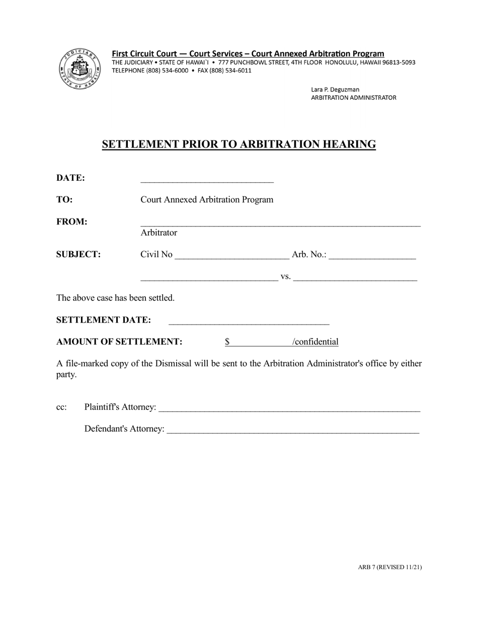 Form ARB7 (1C-P-502) Settlement Prior to Arbitration Hearing - Hawaii, Page 1