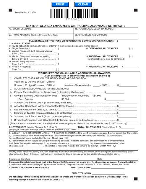 Form G-4 State of Georgia Employee's Withholding Allowance Certificate - Georgia (United States)