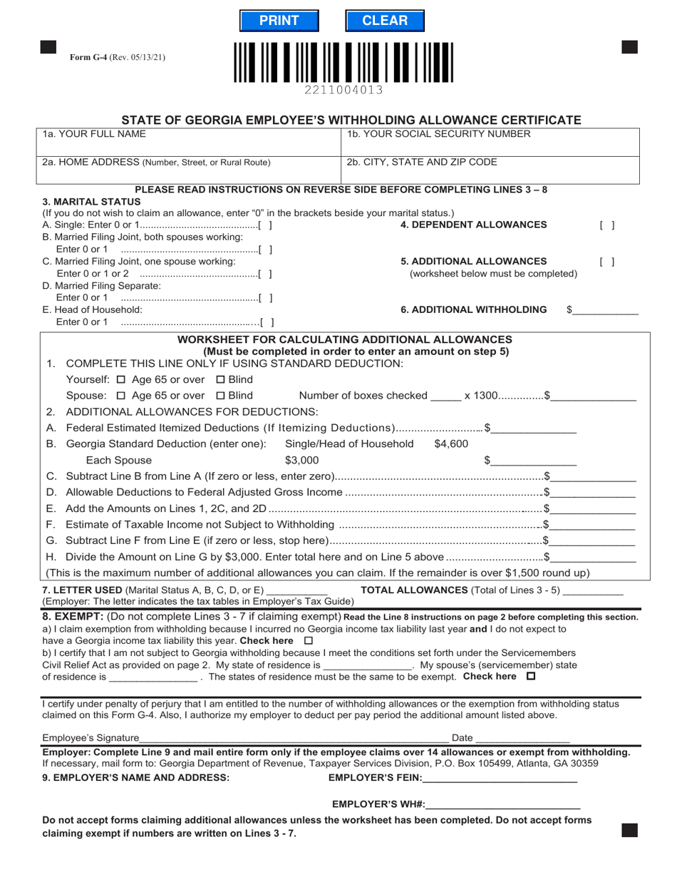 Form G-4 State of Georgia Employees Withholding Allowance Certificate - Georgia (United States), Page 1