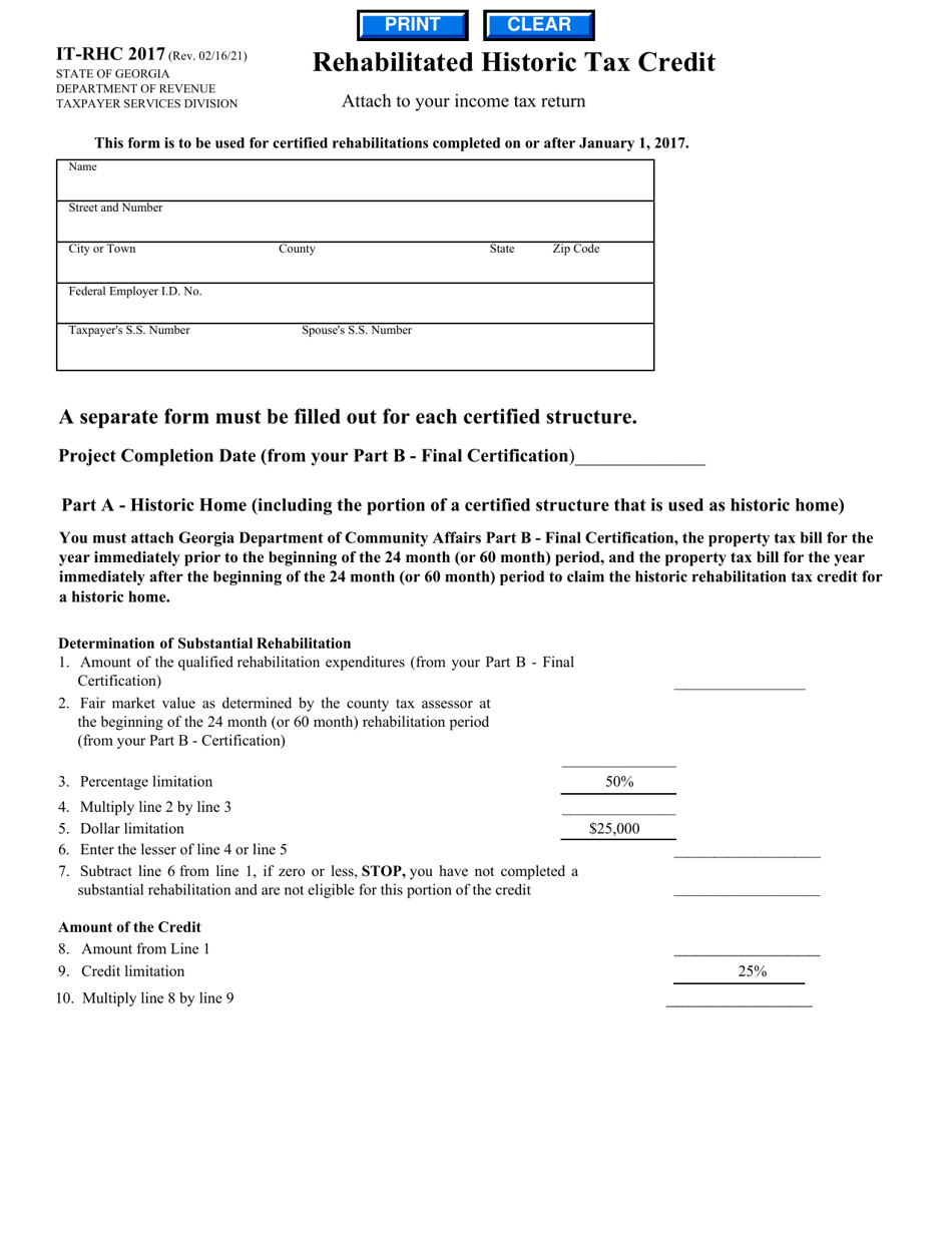Form IT-RHC Rehabilitated Historic Tax Credit - Georgia (United States), Page 1