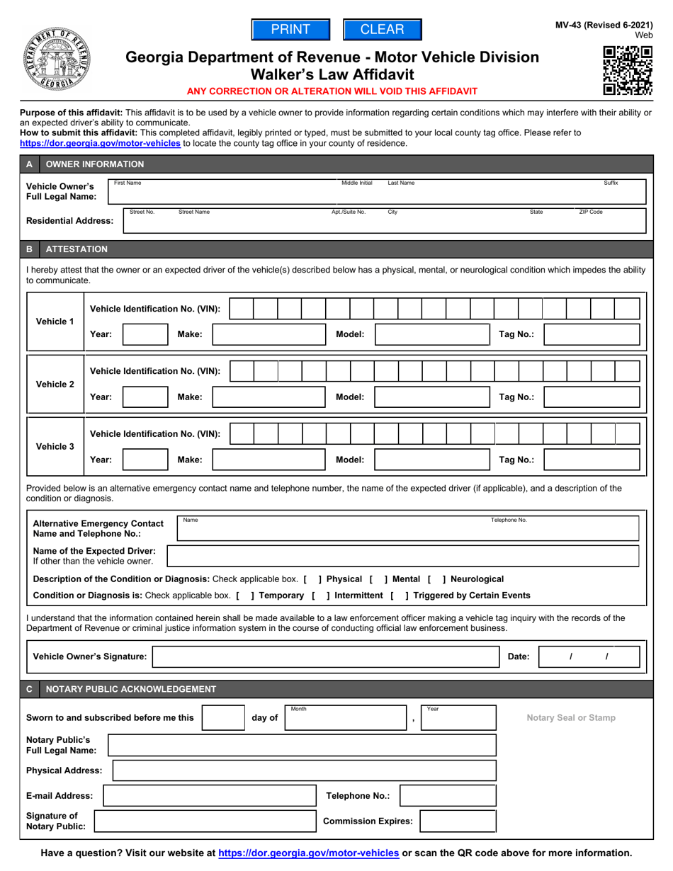 Form MV-43 Walkers Law Affidavit - Georgia (United States), Page 1