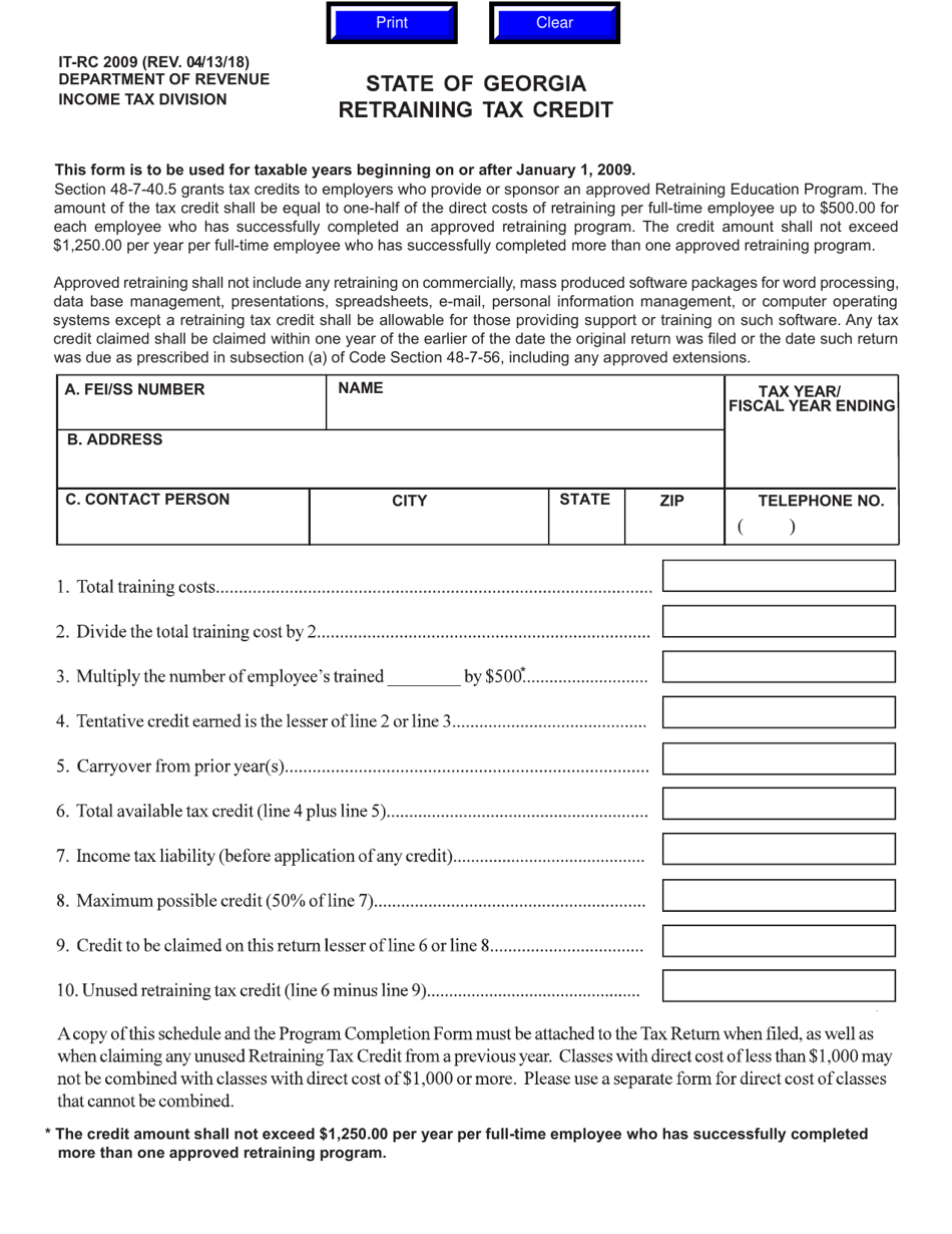 Form IT-RC Retraining Tax Credit - Georgia (United States), Page 1