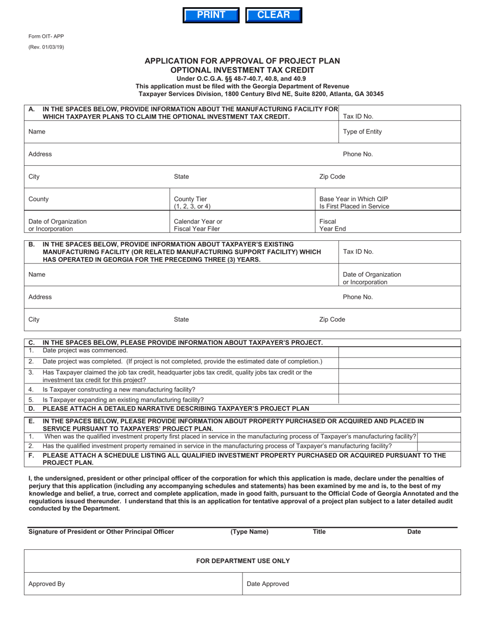 Form OIT-APP Application for Approval of Project Plan Optional Investment Tax Credit - Georgia (United States), Page 1