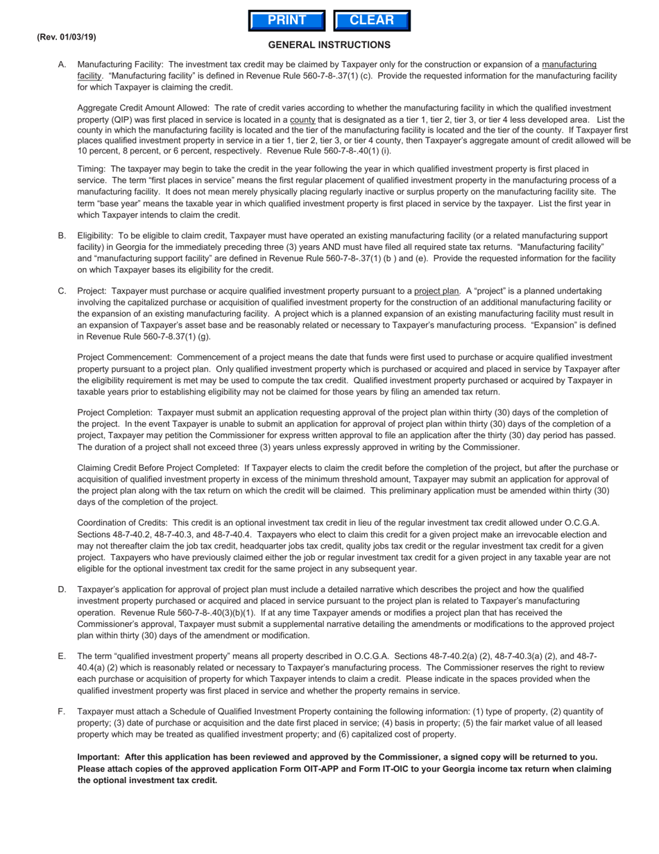 Form OIT-APP Application for Approval of Project Plan Optional Investment Tax Credit - Georgia (United States), Page 2