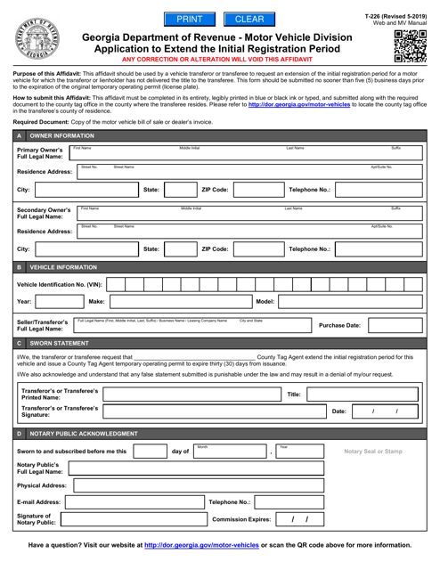 Form T-226 Application to Extend the Registration Period of a Motor Vehicle - Georgia (United States)