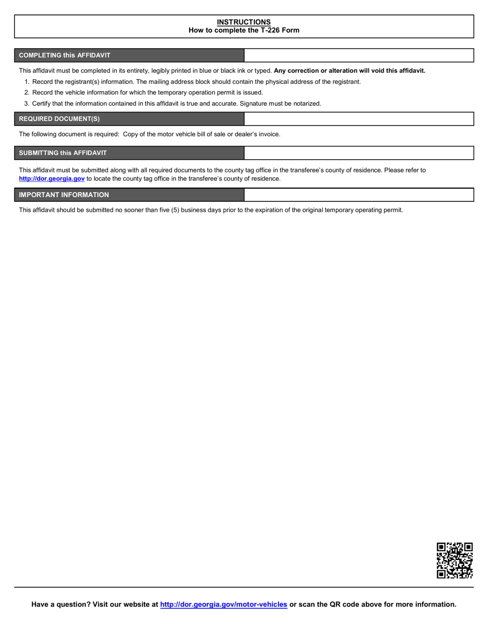 Form T-226 Application to Extend the Registration Period of a Motor Vehicle - Georgia (United States), Page 2