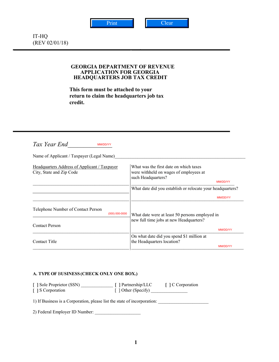 Form IT-HQ Application for Georgia Headquarters Job Tax Credit - Georgia (United States), Page 1