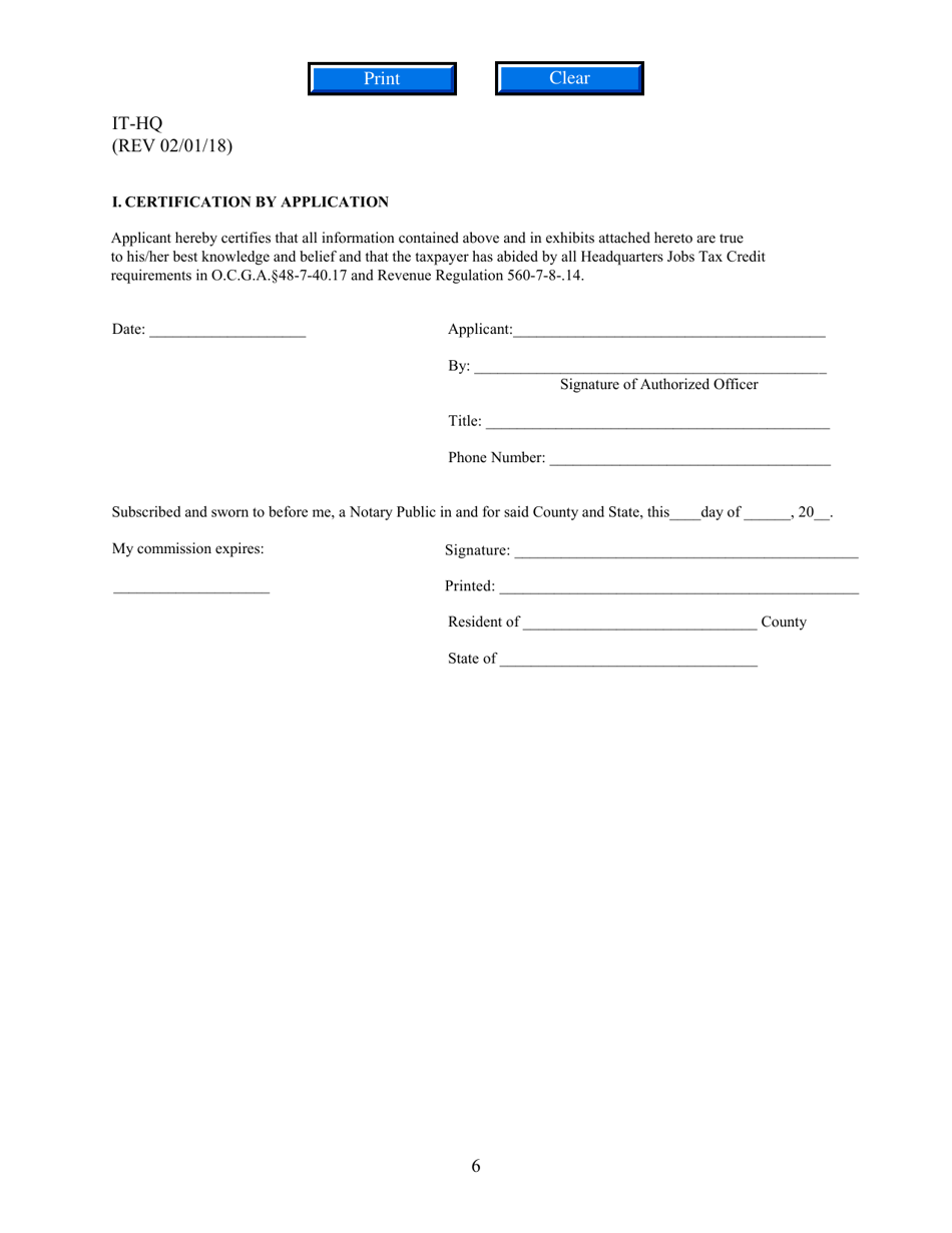 Form IT-HQ Application for Georgia Headquarters Job Tax Credit - Georgia (United States), Page 6