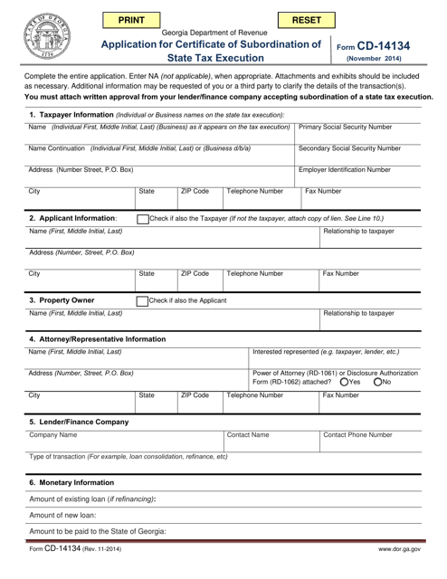 Form CD-14134 Application for Certificate of Subordination of State Tax Execution - Georgia (United States)