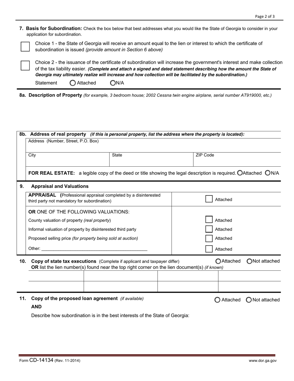 Form CD-14134 Application for Certificate of Subordination of State Tax Execution - Georgia (United States), Page 2
