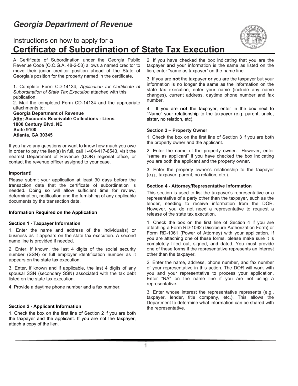 Form CD-14134 Application for Certificate of Subordination of State Tax Execution - Georgia (United States), Page 4