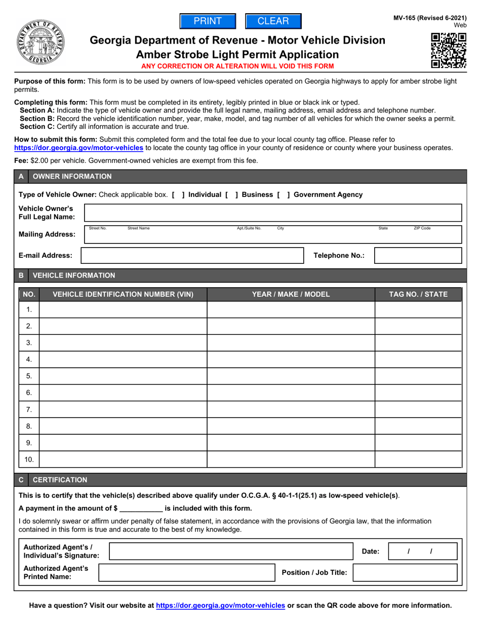 Form MV-165 Amber Strobe Light Permit Application - Georgia (United States), Page 1
