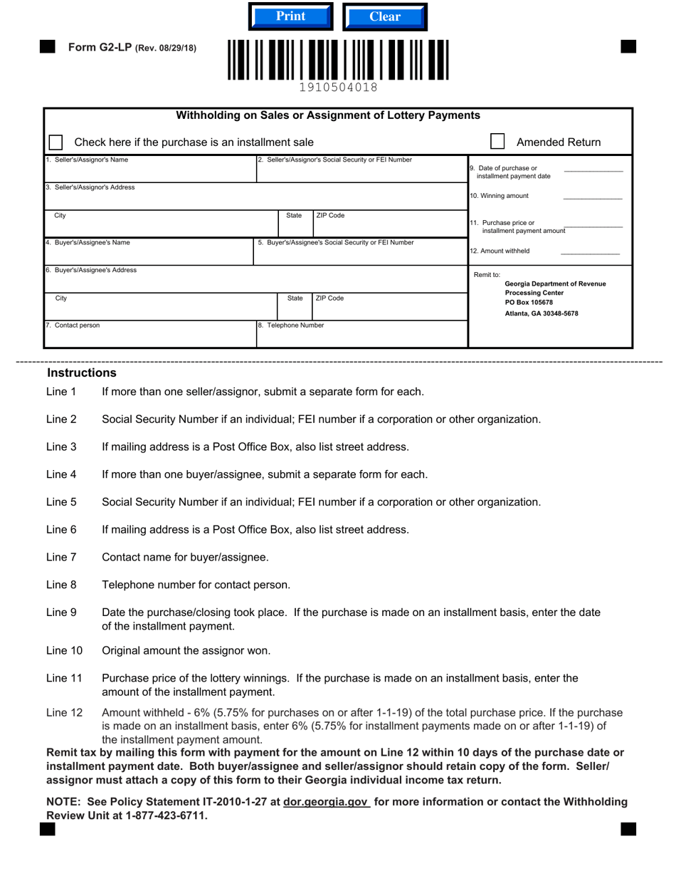 Form G2-LP Withholding on Sales or Assignment of Lottery Payments - Georgia (United States), Page 1