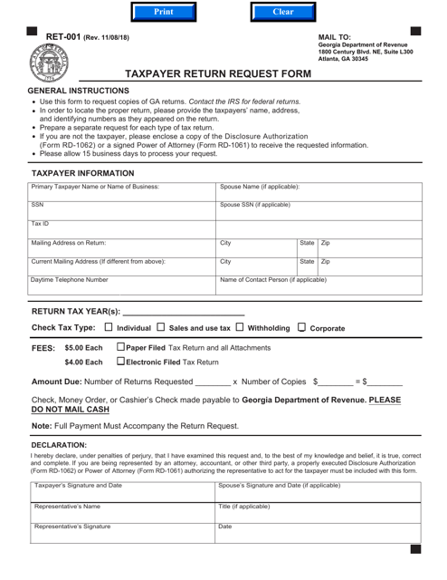 Form RET-001 Taxpayer Return Request Form - Georgia (United States)