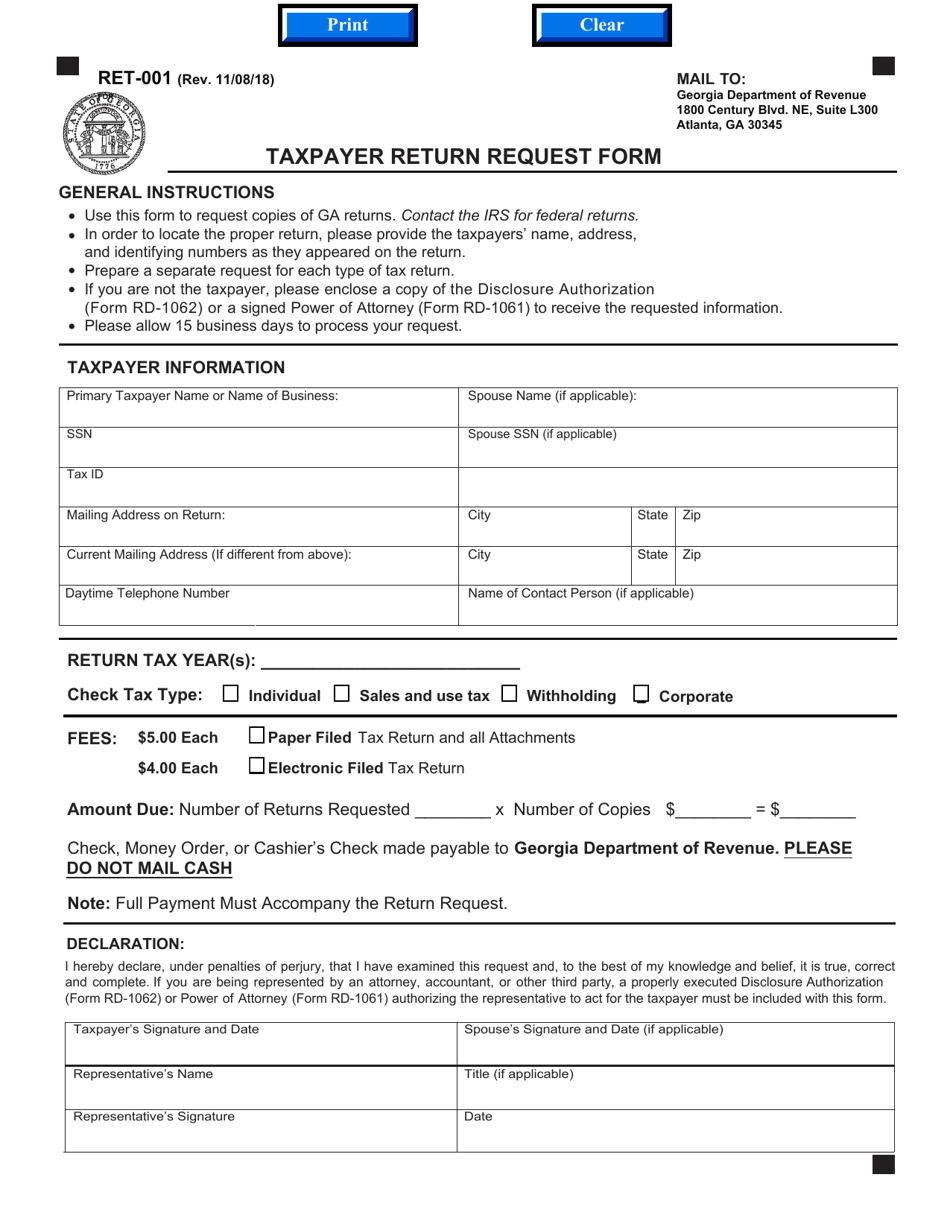 Form RET-001 Taxpayer Return Request Form - Georgia (United States), Page 1