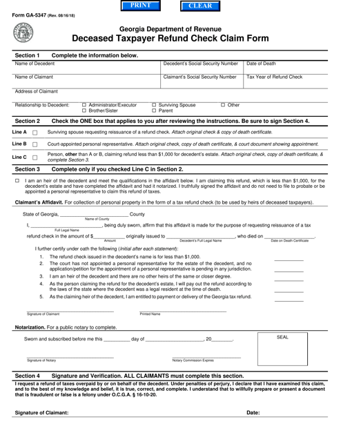 Form GA-5347 Deceased Taxpayer Refund Check Claim Form - Georgia (United States)