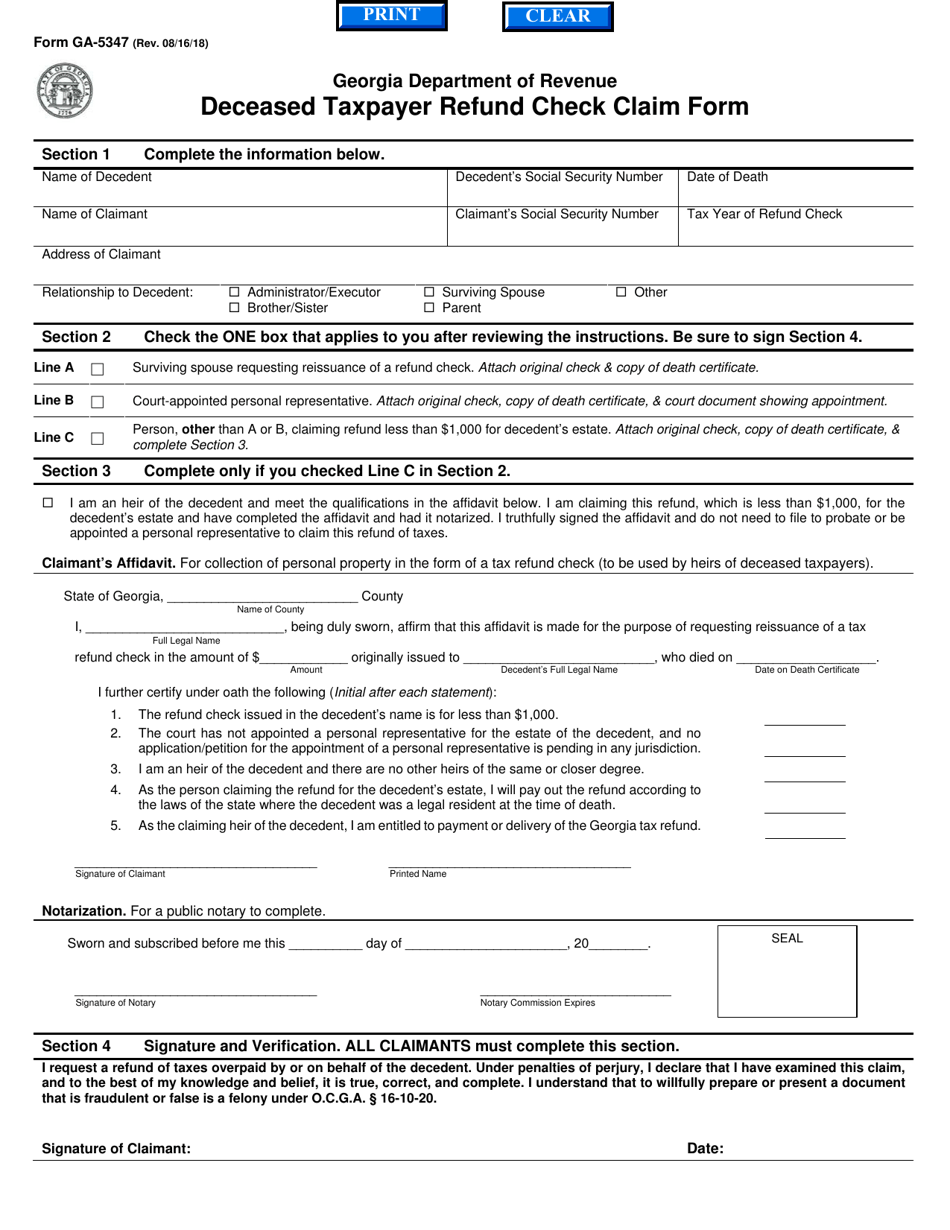 Form GA-5347 Deceased Taxpayer Refund Check Claim Form - Georgia (United States), Page 1