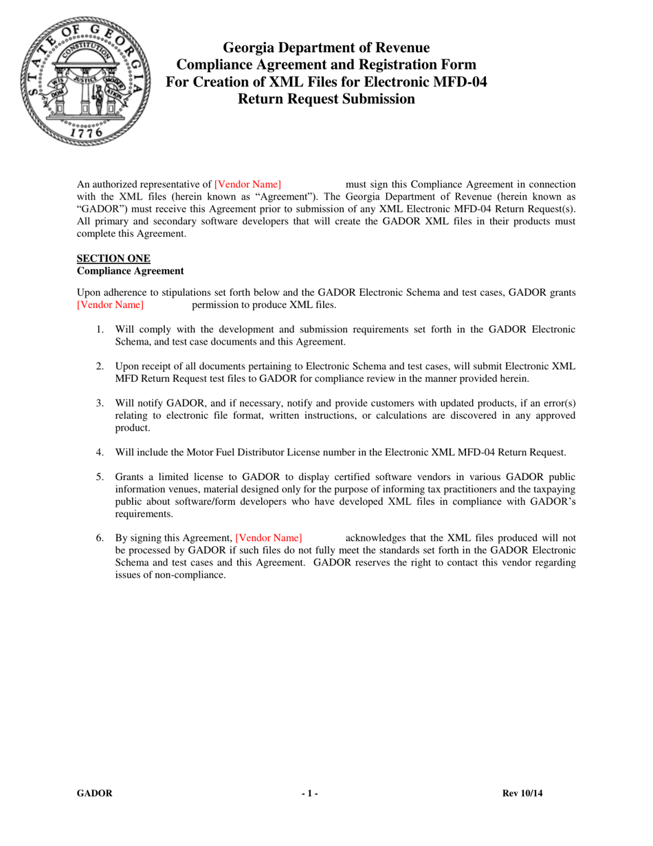 Compliance Agreement and Registration Form for Creation of Xml Files for Electronic Mfd-04 Return Request Submission - Georgia (United States), Page 1