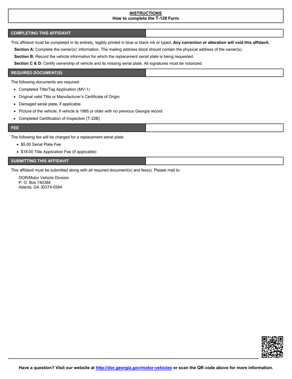 Form T-128 Request for a Replacement Serial Plate - Georgia (United States), Page 2