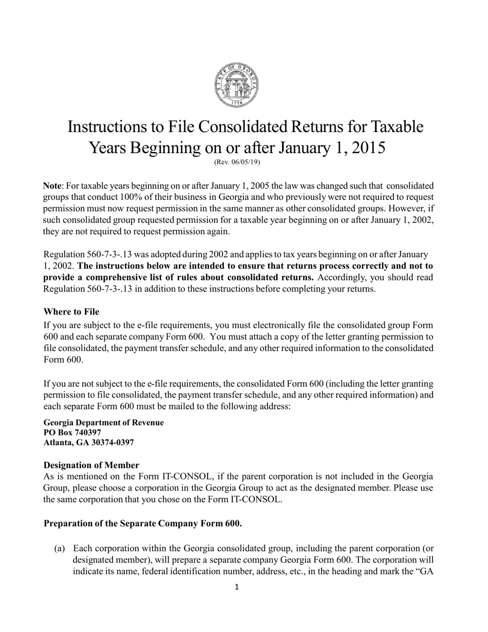 Instructions for Form IT-CONSOL Application for Permission to File Consolidated Georgia Income Tax Return - Georgia (United States), Page 1