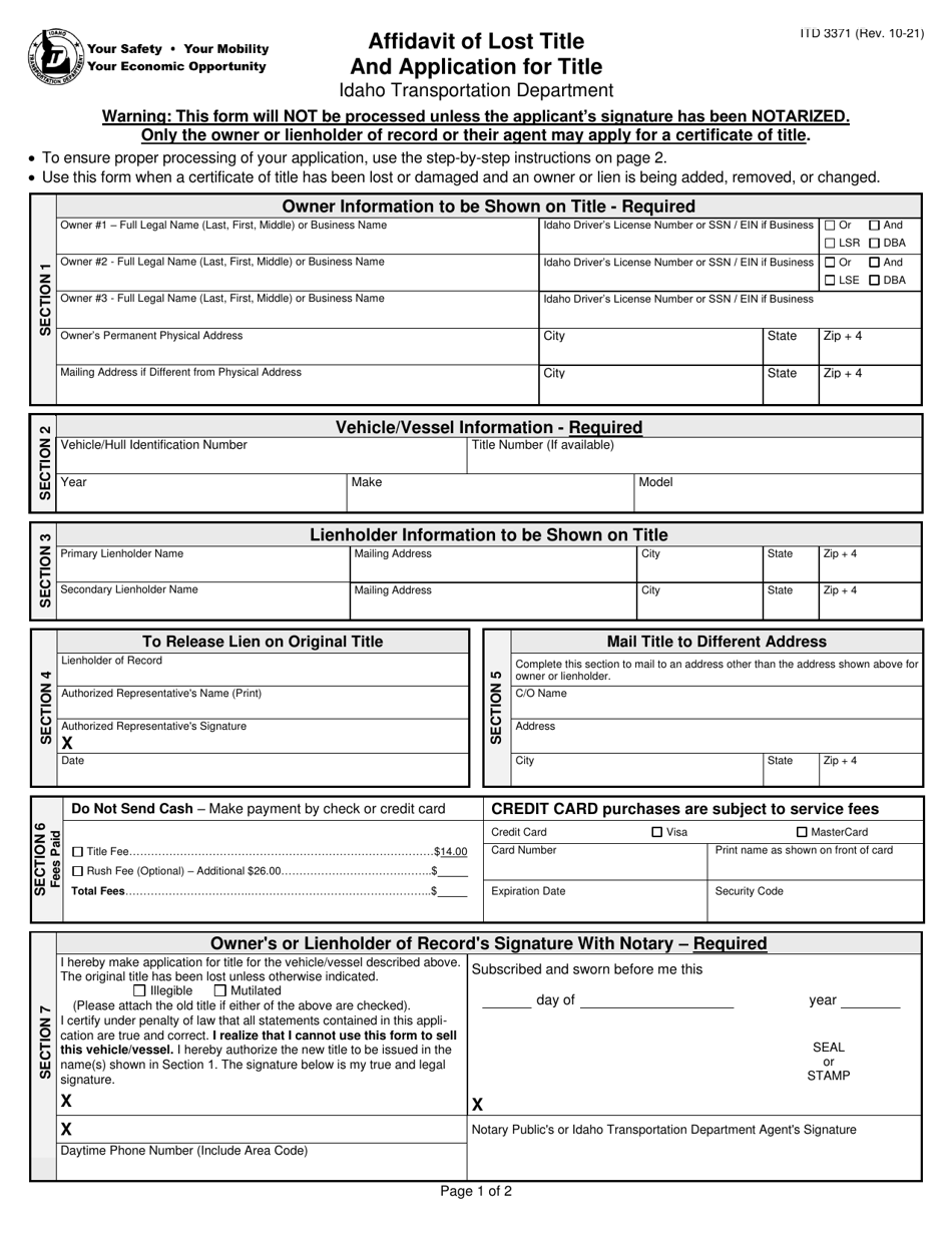 Form ITD3371 - Fill Out, Sign Online and Download Fillable PDF, Idaho ...