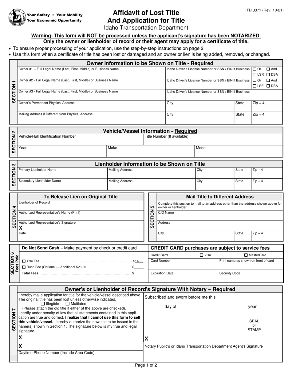 Form ITD3371 Affidavit of Lost Title and Application for Title - Idaho, Page 1