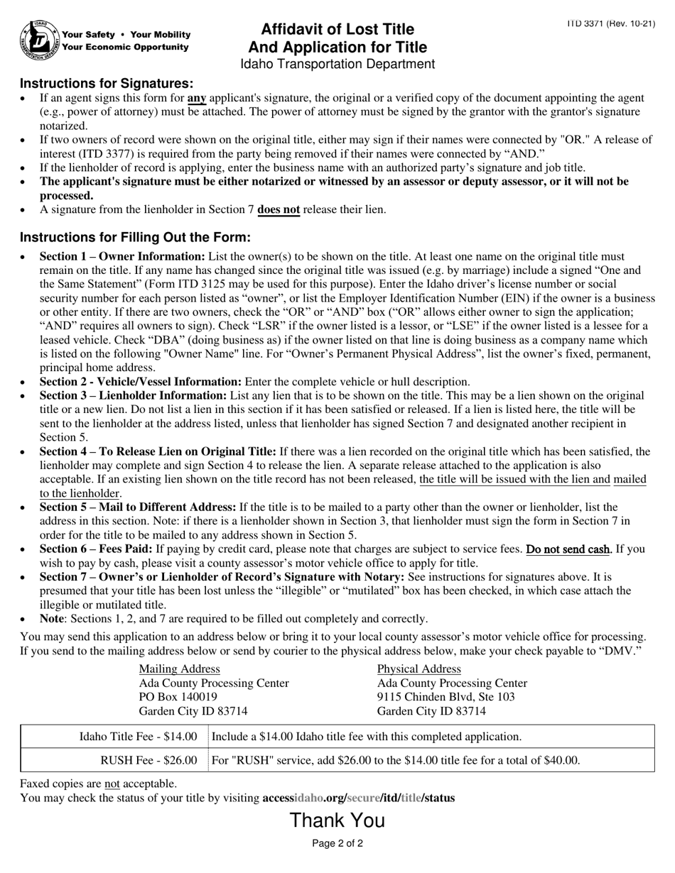 Form ITD3371 Affidavit of Lost Title and Application for Title - Idaho, Page 2